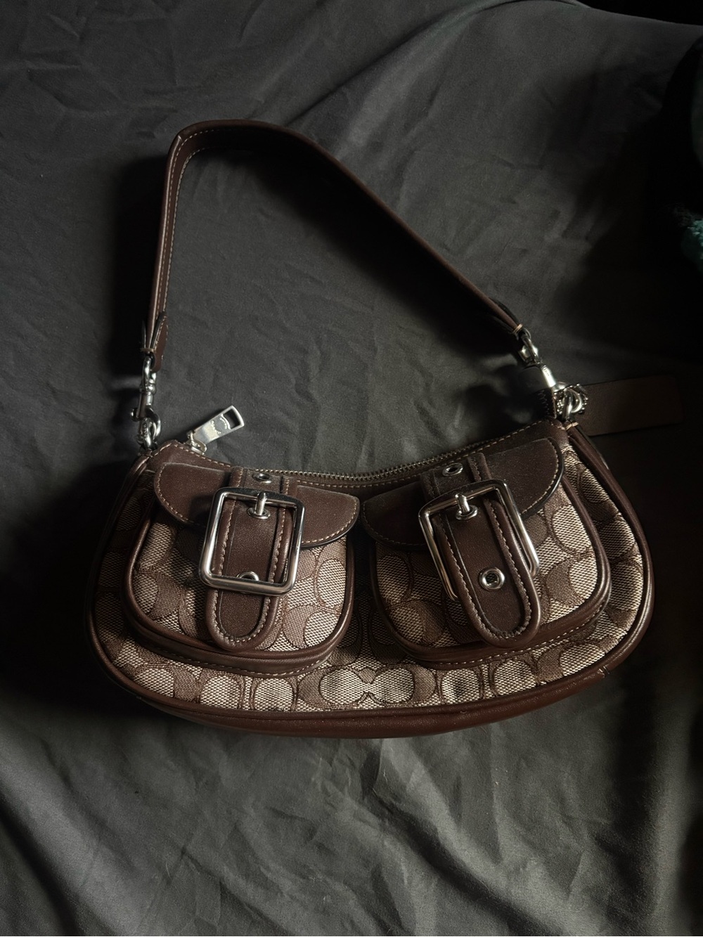 Brown Signature-Pattern Shoulder Bag with Buckle Pockets